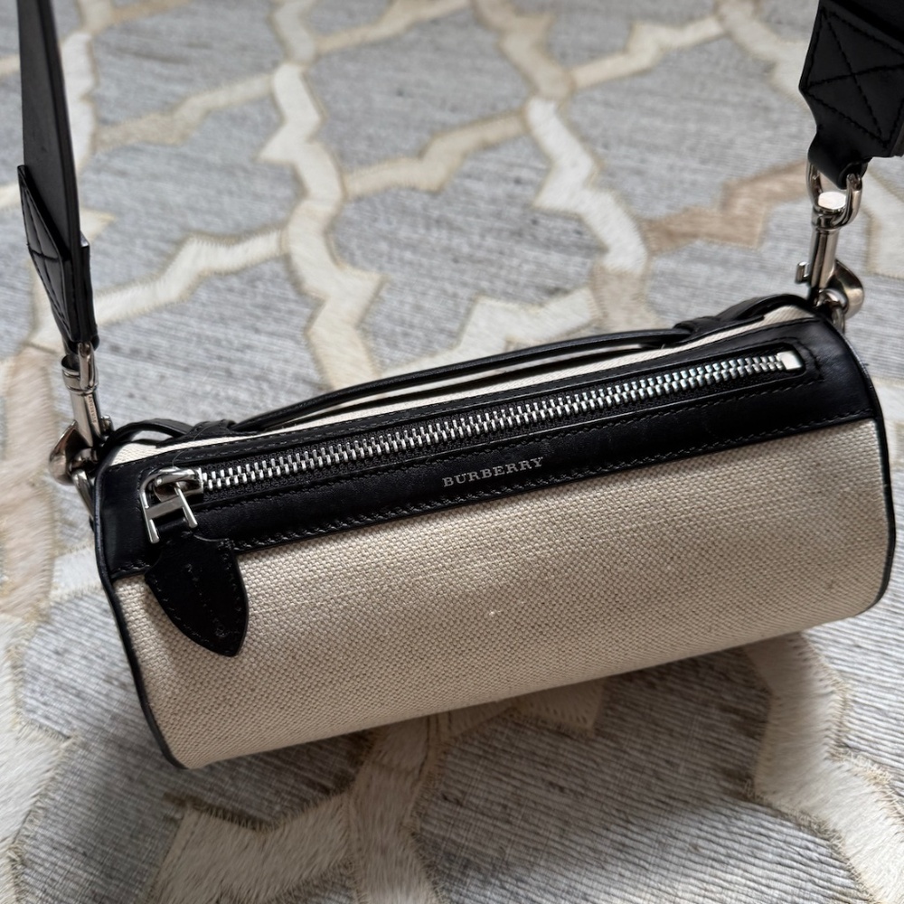 Burberry The Barrel Leather & Canvas Cyan White Small Shoulder Bag